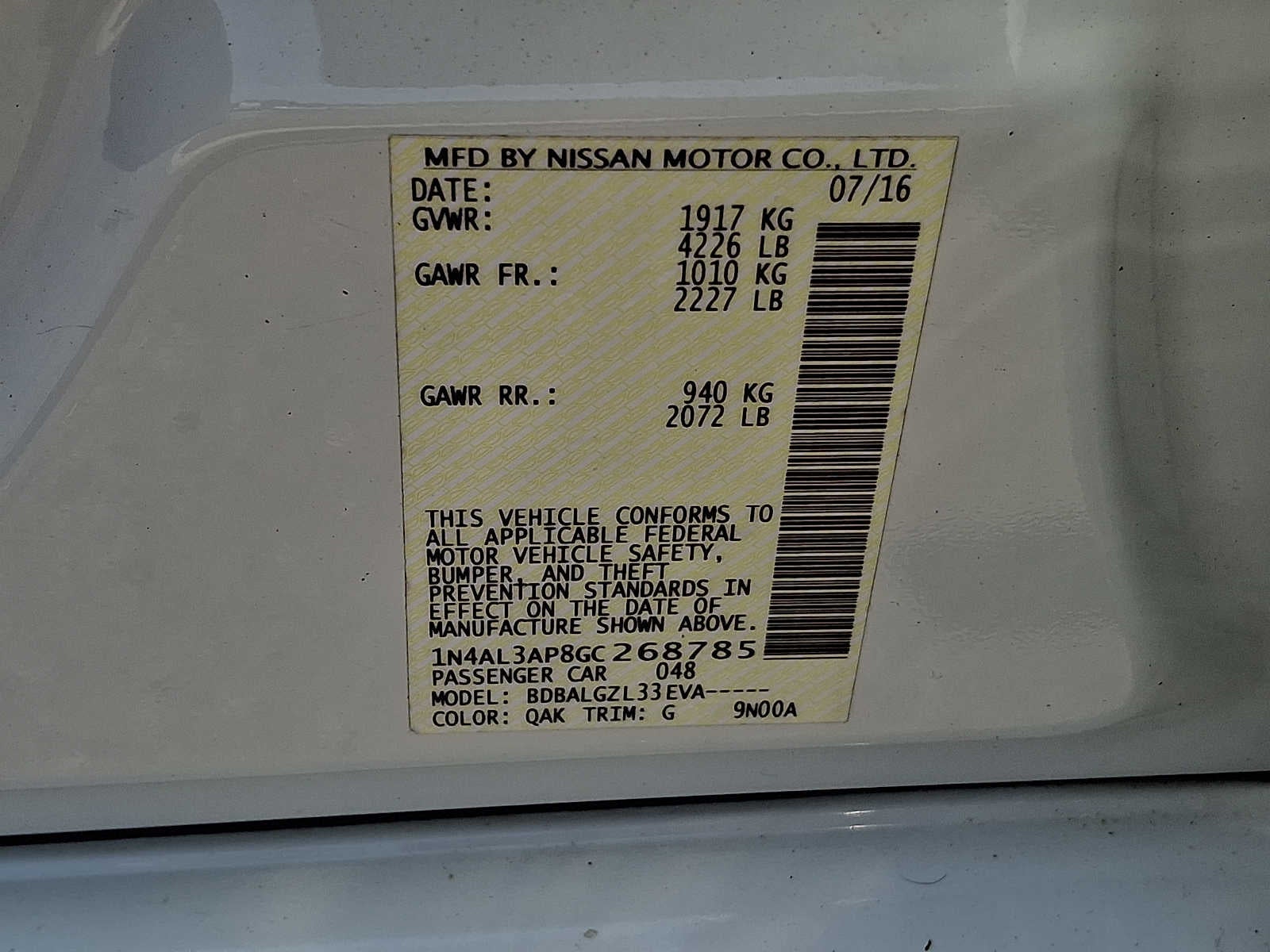 2016 Nissan Altima 4dr Sdn I4 2.5 S